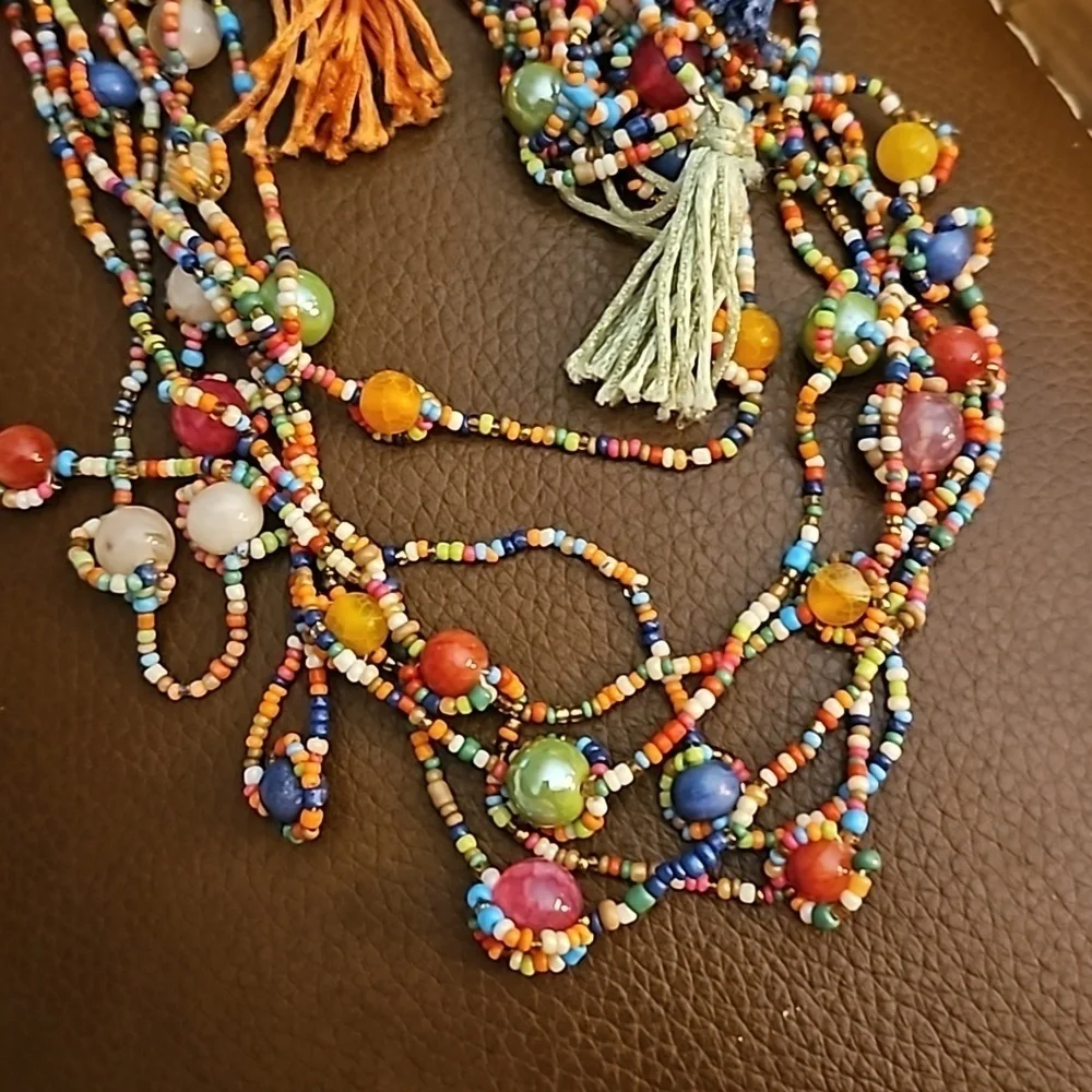 CHICO'S Hagen 9 Festive Rainbow Beaded Tassel Multi-strand Boho Fiesta Necklace